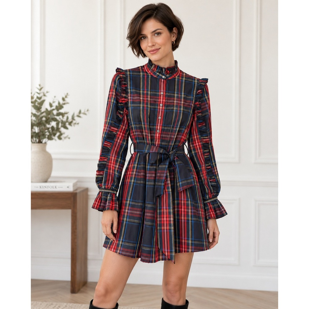 J.Crew Ruffle Trim Plaid Mini Dress Long Sleeve Belted Stewart Tartan Red Navy S
